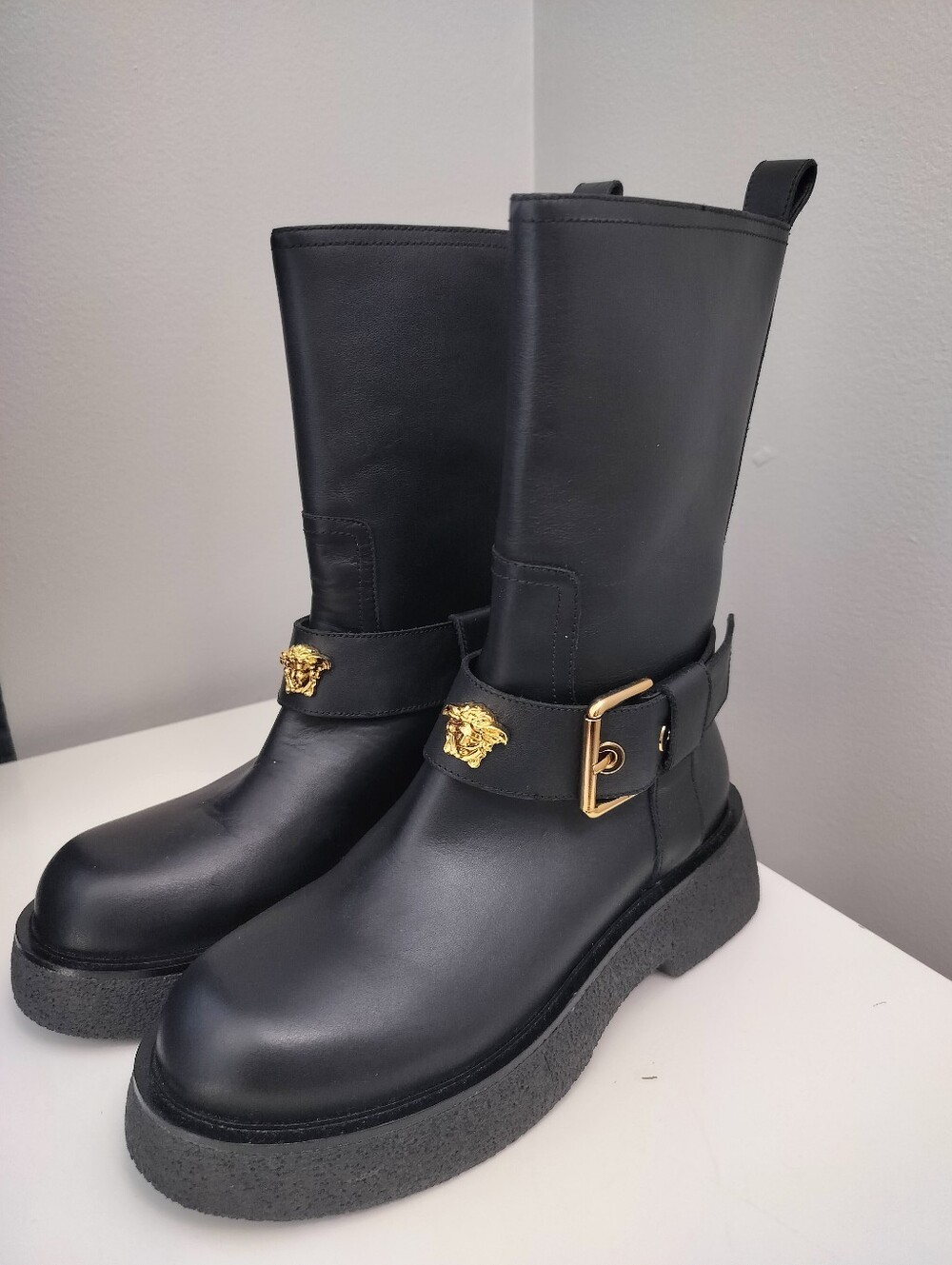 Versace Black Leather Moto Boots